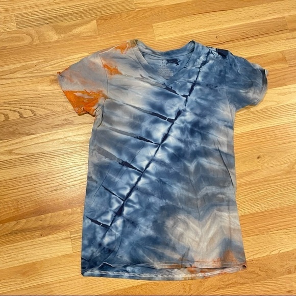 Tie Dye Tshirt Vneck Blue Gray Burnt Orange Diagonal Stars Unisex S - Picture 6 of 7